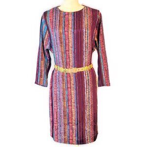 Vintage Melissa Lane Abstract Vertical Striped Faux Silk Shift Dress SZ M